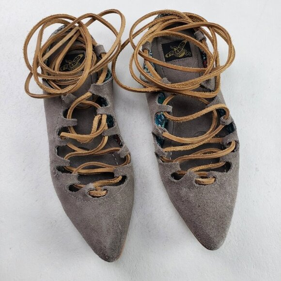 Freebird Enya Lace Up Flat Women 9 Beige Leather Boho Ankle Tie Pointed Toe Shoe - Picture 1 of 15